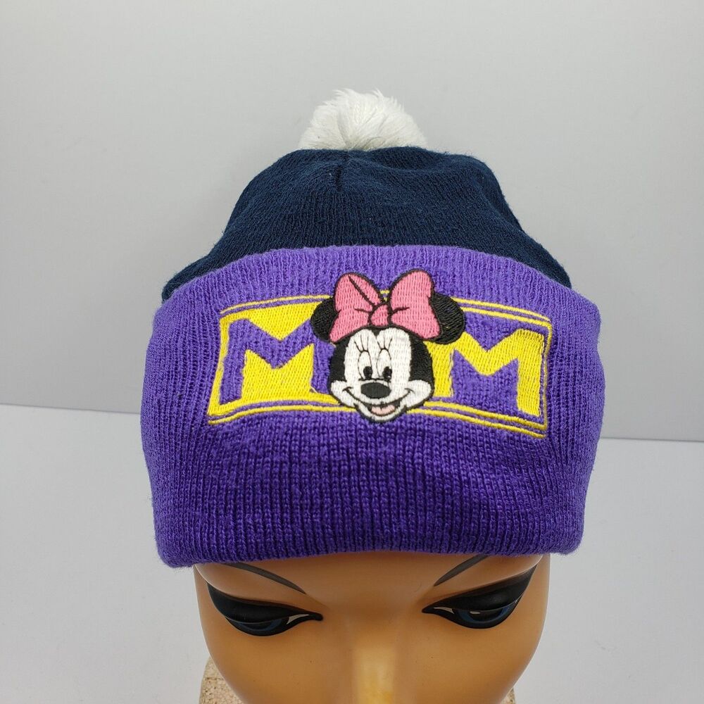 Vintage Disney Mickey Unlimited Minnie Mouse MOM Beanie Hat Purple Navy Knit Pom - Picture 2 of 11